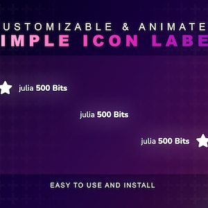 以下が含まれることがあります： 紫色のグラデーション背景のデジタルグラフィック。上部には「CUSTOMIZABLE & ANIMATED SIMPLE ICON LABEL」の文字が表示されています。「julia 500 Bits」の文字が3回、星のアイコンとともに表示されています。「EASY TO USE AND INSTALL」のフレーズが下部にあります。