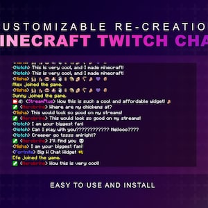 Puede incluir: Una captura de pantalla de una ventana de chat de Twitch con un fondo morado y un tema de Minecraft. La ventana de chat muestra mensajes de varios usuarios, incluidos Notch, Misha, Herobrine y StreamPlus. Los mensajes son sobre un nuevo widget y el juego Minecraft.