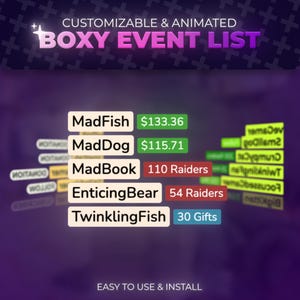 Boxy Event List | Streamelements Latest Alerts | Twitch Streaming | Donations Tips Subs Gifts & More | Clean Animated Design | VTuber Ready