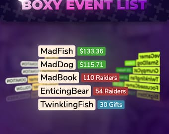 Boxy Event List | Streamelements Latest Alerts | Twitch Streaming | Donations Tips Subs Gifts & More | Clean Animated Design | VTuber Ready