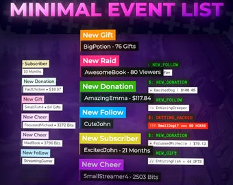 Minimal Event List for Twitch | Highly Customizable | Tips Follows Subs & More | Easy To Use | OBS Compatable | Gaming Modern Design