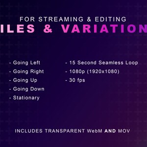 Puede incluir: Un fondo morado con signos m&aacute;s blancos. El texto "FOR STREAMING & EDITING FILES & VARIATIONS" est&aacute; en rosa. El texto "Going Left, Going Right, Going Up, Going Down, Stationary" est&aacute; en blanco. El texto "15 Second Seamless Loop, 1080p (1920x1080), 30 fps" est&aacute; en blanco. El texto "INCLUDES TRANSPARENT WebM AND MOV" est&aacute; en blanco.