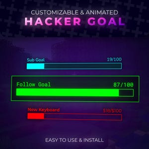 May include: A digital graphic with the text "CUSTOMIZABLE & ANIMATED HACKER GOAL." It features progress bars labeled "Sub Goal," "Follow Goal," and "New Keyboard," with progress indicators. The background is a gradient of purple and blue.