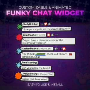 May include: A purple graphic promoting a "FUNKY CHAT WIDGET" with customizable and animated features. The image includes chat bubbles with user names and messages, along with the text "EASY TO USE & INSTALL".