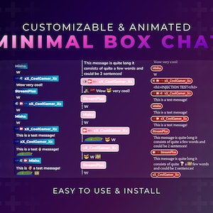 May include: A customizable and animated chat box interface with a purple background. The chat box is designed to be minimal and easy to use. The chat box features a variety of different messages, including "Wow very cool!" and "This is a test message!"