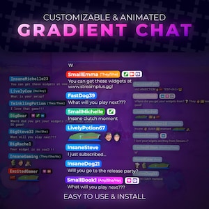 Op de afbeelding: Een digitale afbeelding met een aanpasbare en geanimeerde gradient chat-interface. Het ontwerp bevat gebruikersnamen, chatbubbels en de tekst 'EASY TO USE & INSTALL'. De achtergrond is een verloop van paars en blauw.