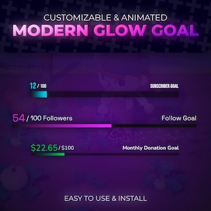 May include: A digital graphic with the text "MODERN GLOW GOAL" in pink and white. It displays progress bars for subscriber, follow, and monthly donation goals. The graphic is on a purple background with the text "CUSTOMIZABLE & ANIMATED" and "EASY TO USE & INSTALL".