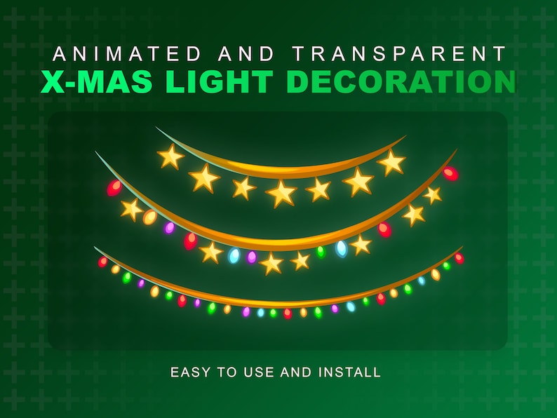 K&ouml;nnte beinhalten: Animierte Weihnachtslichter mit goldenen Sternen und bunten Gl&uuml;hbirnen. Die Lichter sind in drei Reihen auf einem gr&uuml;nen Hintergrund aufgeh&auml;ngt. Der Text "ANIMATED AND TRANSPARENT X-MAS LIGHT DECORATION" befindet sich oben im Bild. Der Text "EASY TO USE AND INSTALL" befindet sich unten im Bild.