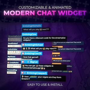 May include: An advertisement for a modern chat widget, showing a purple background with chat bubbles. The image displays the text "CUSTOMIZABLE & ANIMATED MODERN CHAT WIDGET" and "EASY TO USE & INSTALL". The chat bubbles contain various messages.