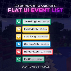 May include: A digital graphic with the text "FLAT UI EVENT LIST" in white and purple. The graphic displays six colorful rectangular buttons with names like "TwinklingPlus" and "FastFish", along with associated data. The text "CUSTOMIZABLE & ANIMATED" and "EASY TO USE & INSTALL" are also present.