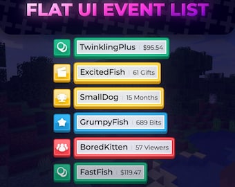 Flache UI Game Event Liste | Twitch Streamelemente | Abos Geschenke Cheers & More | Überraschen Sie Ihren Chat | Streamlabs Schreibtisch | Obs