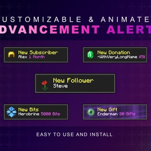 Könnte beinhalten: Ein lila Hintergrund mit einem weißen Pluszeichenmuster. Der Text "CUSTOMIZABLE & ANIMATED ADVANCEMENT ALERTS" ist in Pink. Vier animierte Benachrichtigungsfelder werden mit dem Text "Neuer Abonnent", "Neuer Follower", "Neue Spende" und "Neues Geschenk" angezeigt.
