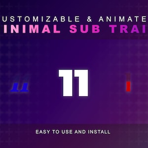 Può includere: Uno sfondo viola con un rettangolo bianco che contiene il testo "CUSTOMIZABLE & ANIMATED MINIMAL SUB TRAIN" in rosa e bianco. Il numero "11" è visualizzato in bianco con accenti blu e rossi su entrambi i lati. Il testo "EASY TO USE AND INSTALL" è visualizzato in bianco nella parte inferiore del rettangolo.