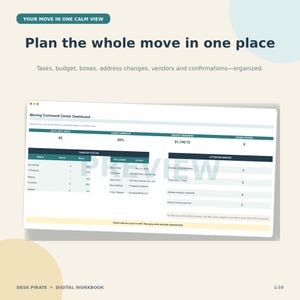 Pode incluir: Um painel de controlo digital para organizar mudanças com secções para tarefas, orçamento e caixas. O texto diz: Your move in one calm view, Plan the whole move in one place, Tasks, budget, boxes, address changes, vendors and confirmations—organized, Moving Command Center Dashboard e Desk Pirate Digital Workbook.