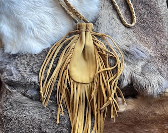 Elk Hide Fringed Drawstring Crossbody Bag – Handmade Leather Pouch