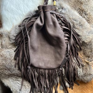 Dark Brown Buckskin Crossbody Large Drawstring Bag – Handmade Native Style
