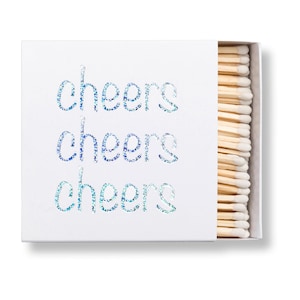 Matchbox: Cheers, Long Candle Matches, Coffee Table Decor, Silver Holographic Foil