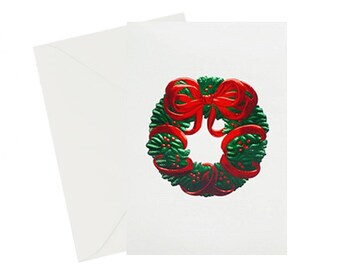 Christmas Wreath Card, Vintage Cards, Letterpress Printed, Green & Red Foil Card, Holiday Card Set of 8