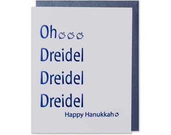 Hanukkah Card, Happy Hanukkah, Dreidel Card, Blue Foil Embossed, Blank Jewish Holidays Cards + Envelopes, Chanukah Cards