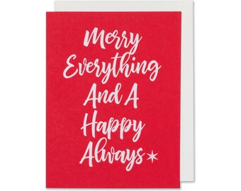 Cute Festive Fun Happy Holidays Card, Single or Set of 8, Red Paper Card, White Foil Embossed, Merry Everything And A Happy Always