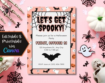May include: A Halloween party invitation with the text "LET'S GET SPOOKY!" on a peach background with pumpkins, bats, and spiderwebs. The invitation includes the date, time, and RSVP information. Decorative spiders, ghosts, and a pumpkin are scattered around.