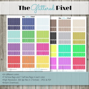 May include: Sheets of colorful planner stickers from "The Glittered Pixel". The stickers feature box flags in 24 different colors, with star accents. Includes full and half box flags. High-resolution, instant download.