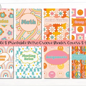 Editable Retro Groove Binder Covers and Spines - Canva Template - 8 Patterns, 4 Sizes, 3 Versions - Printable and Customizable