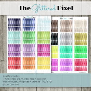 May include: Sheets of colorful planner stickers with box flags and heart accents. The stickers come in 24 different colors, with 7 full and 7 half box flags per color. The text "The Glittered Pixel" is at the top.
