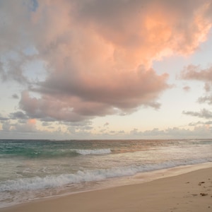 Beach at Sunrise, peach colored sky, waves, pigment print, wall decor, vacation home decor, fine art photography