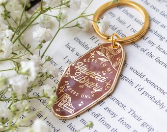 Keys To My Haunted Library Keychain | Gold Metal Hard Enamel Keychain | Spooky Fantasy Art | Book Lovers Gifts |