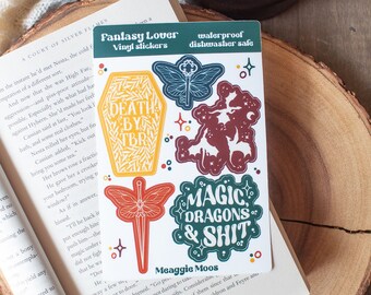 Fantasy Lover Bookish Sticker Sheet | Book Waterproof Stickers | Book Worm Gifts | Reader Decals | 5 Stickers | 6"x4"