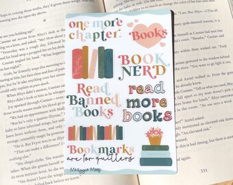 Book Nerd Sticker Sheet | Bookish Waterproof Stickers | Book Worm Gifts | Reader Decals | 9 Stickers | 6"x4"