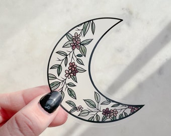 Black Watercolor Floral Moon | Waterproof Kindle and Water Bottle Sticker | Transparent Cosmic Celestial Sticker | Floral Lunar | 2.61x3