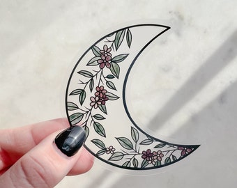 Black Watercolor Floral Moon | Waterproof Laptop and Water Bottle Sticker | Transparent Cosmic Celestial Sticker | Floral Lunar | 2.61x3