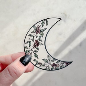 Floral Moon Waterproof Sticker: Black Watercolor, Celestial Design