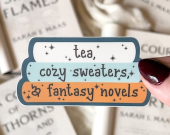 Tea, Cozy Sweaters, and Fantasy Novels Waterproof Sticker | Reader Sticker Bookish Laptop Sticker | Book Worm Reading Sticker | 3" x 1.6"