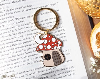 Mushroom Fairy House Hard Enamel Keychain | Bookish Fantasy Keychain | Bookworm Keychain | Librarian Keychain | Fantasy Reader Keychain |