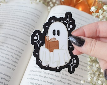 Pegatina impermeable de fantasma de libro espeluznante: regalo de Halloween para lectores