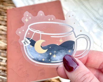 Celes-tea Celestial Tea Cup Waterproof Sticker | Galaxy Laptop and Water Bottle Sticker | Night Sky Mug | Whimsical Moon Decal | 3"x2.2"