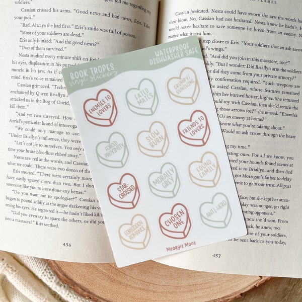 Bookish Book Trope Heart Sticker Sheet | Boho Pastel Tones | Book Waterproof Stickers | Book Worm Gifts | Reader Decals | 9 Stickers | 6"x4"