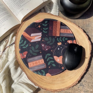 Burgundy Books Mousepad | 8.6&quot; | Round Non-Slip Mouse Pad | Magical Books | Bookish Office Supplies | Book Lover Gift | Low-Friction