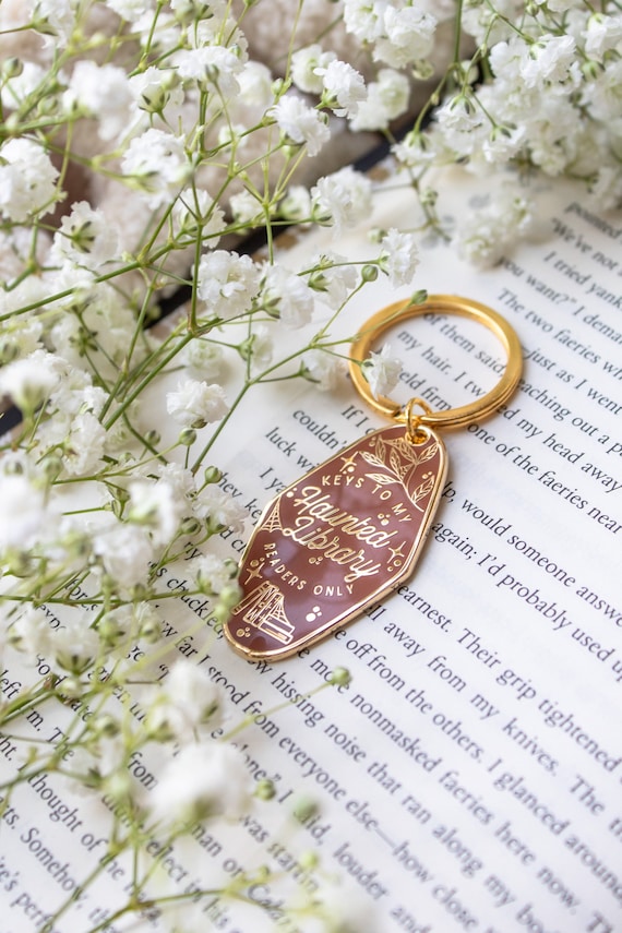 Keys To My Haunted Library Keychain | Gold Metal Hard Enamel Keychain | Spooky Fantasy Art | Book Lovers Gifts |