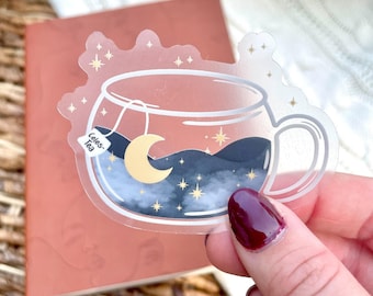 Celes-tea Celestial Tea Cup Waterproof Sticker | Galaxy Kindle and Water Bottle Sticker | Night Sky Mug | Whimsical Moon Decal | 3"x2.2"