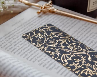 Floral Dragons Gold Foil Deep Teal Bookmark for Fantasy or Romantasy Readers and Book Lovers