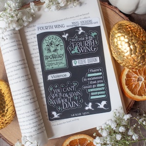 Puede incluir: Un conjunto de cuatro pegatinas de vinilo con fondo negro y texto verde y blanco. Las pegatinas presentan citas del libro "Fourth Wing" de Rebecca Yarros. Las pegatinas son impermeables y aptas para lavavajillas.
