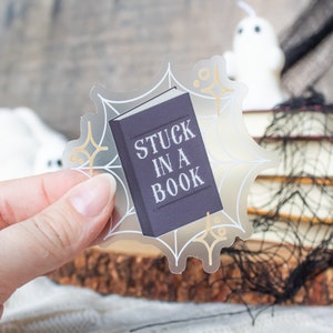 Stuck in a Book Spooky Web Sticker | Halloween Waterproof Laptop and Water Bottle Sticker | Spooky Season Sticker | Reader Sticker | 3”x3&quot;