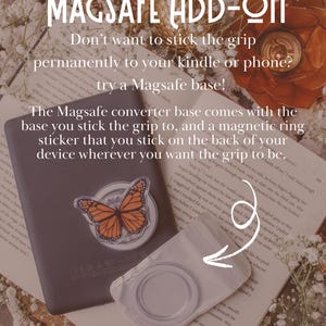 May include: A Magsafe add-on kit with a butterfly grip attached to a black device. The kit includes a base and a magnetic ring sticker. Text on the image reads "Magsafe Add-On" and "try a Magsafe base!"