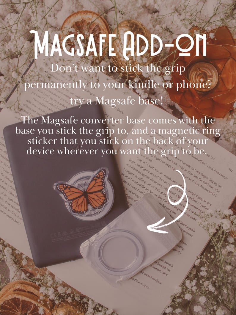 May include: A Magsafe add-on kit with a butterfly grip attached to a black device. The kit includes a base and a magnetic ring sticker. Text on the image reads "Magsafe Add-On" and "try a Magsafe base!"