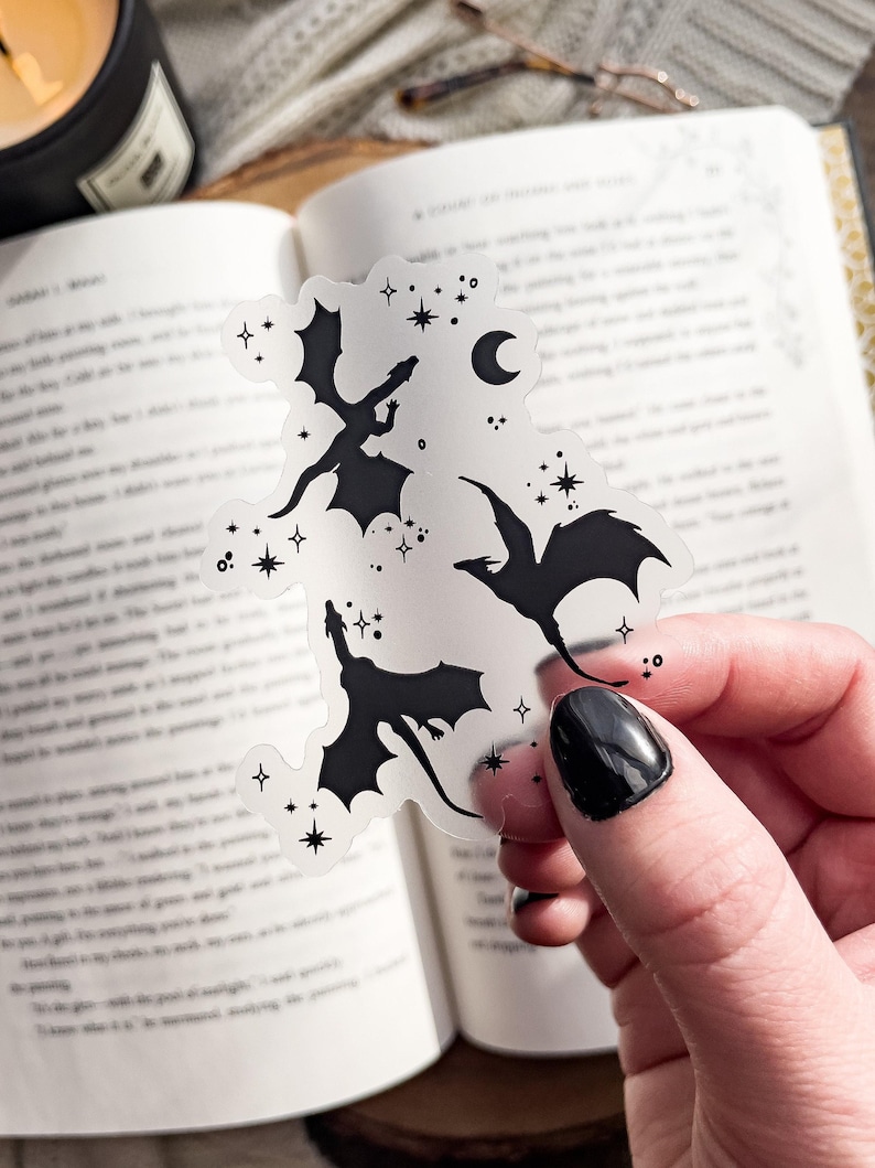 Celestial Dragons Sticker | Black | Fantasy Reader Waterproof Sticker | Bookish Kindle Water Bottle Sticker | Reader Sticker | 3x2.4 image 1