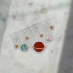 Pu&ograve; includere: Un foglio di adesivi trasparente a tema spaziale. Presenta cinque stelle dorate, un pianeta rosso con un anello, un pianeta verde e blu e un pianeta rosa e bianco.